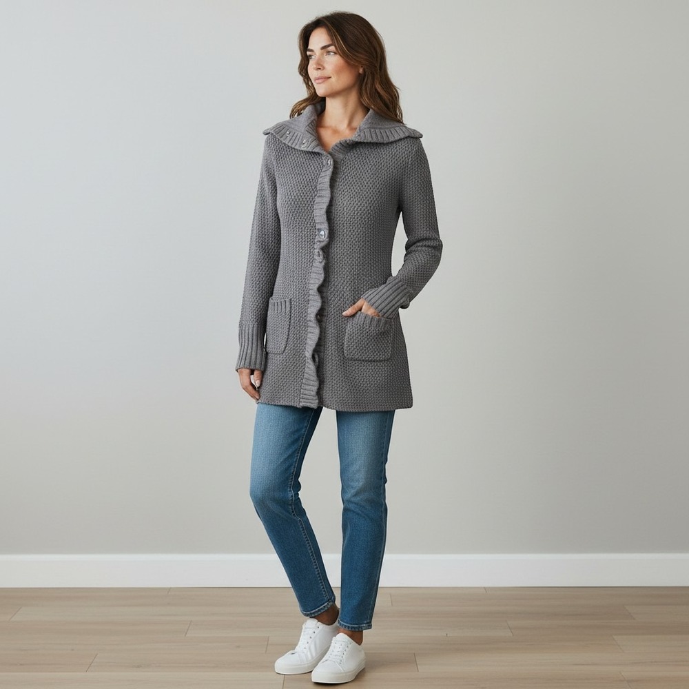 Athleta Gorpcore Ruffle Snap Cardigan Women XS Gray Cotton Cashmere 305842
